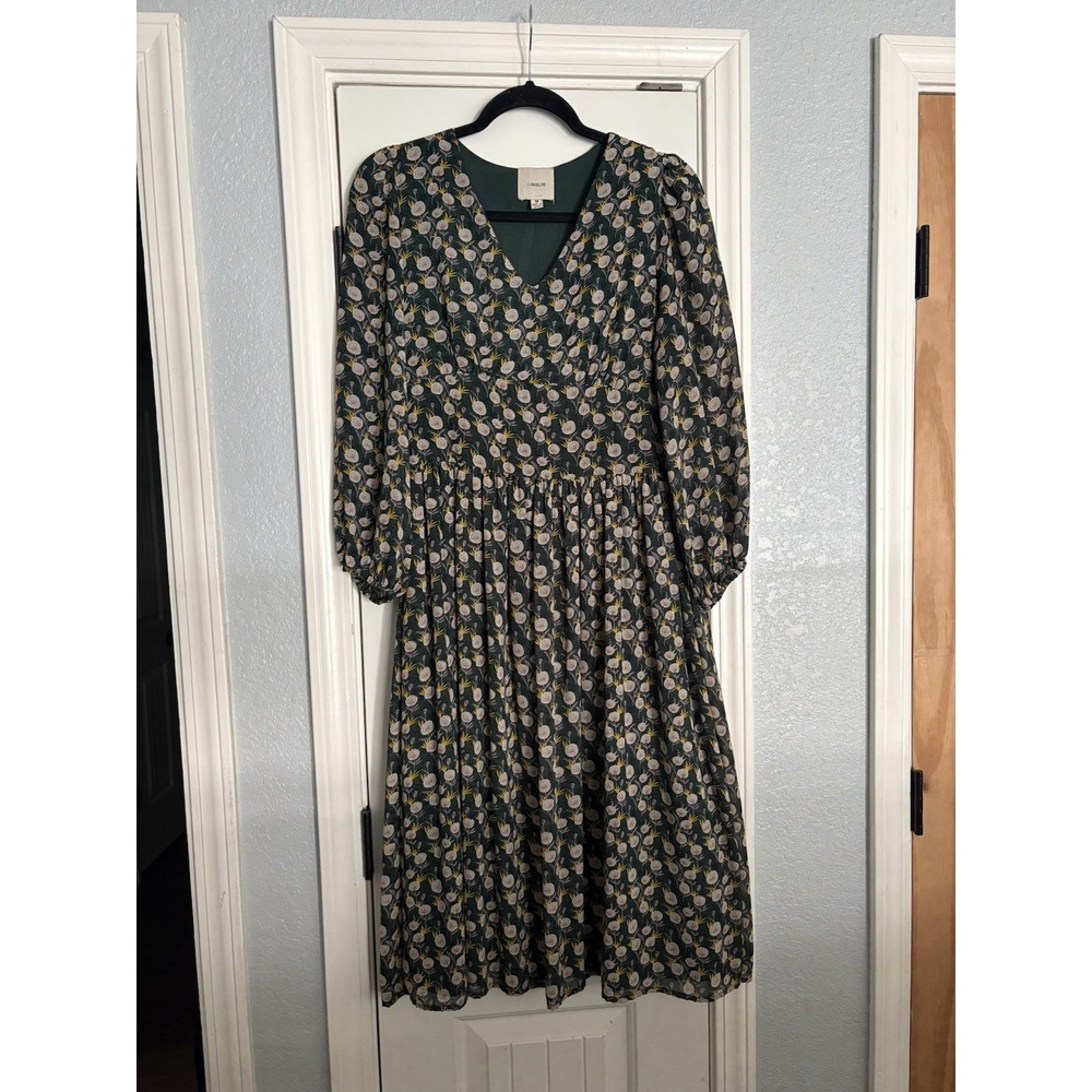 I.Madeline Midi Dress Women Medium Green Floral V-Neck Smocked Balloon Sleeve